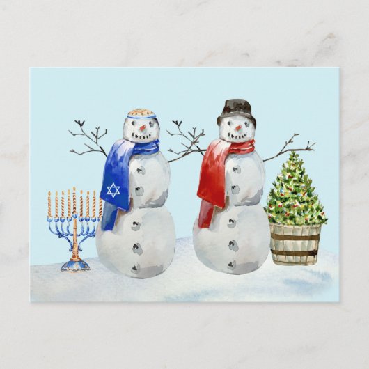 ハヌカとクリスマスの雪だるま　水彩画 シーズンポストカード (正面)