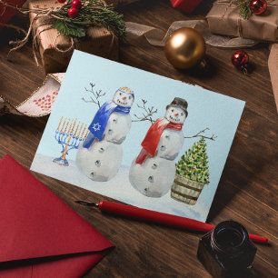 ハヌカとクリスマスの雪だるま　水彩画 シーズンポストカード