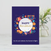 ハヌカのお祭りパーティー ユダヤの祝日 ゴールドのメノラ 招待状 (スタンド正面)