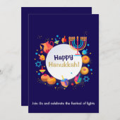 ハヌカのお祭りパーティー ユダヤの祝日 ゴールドのメノラ 招待状 (正面/裏面)