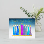 ハヌカのキャンドル 平和 愛 ターコイズ 本物の金 箔シーズンポストカード (立ち正面)