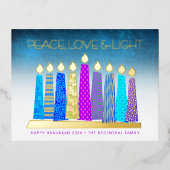 ハヌカのキャンドル 平和 愛 ターコイズ 本物の金 箔シーズンポストカード (正面)