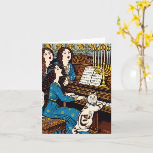 ハヌカの女性と猫がピアノをのまわりに歌う カード (黄色い花)