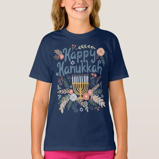 ハヌカの花の手描きアート Tシャツ (正面)