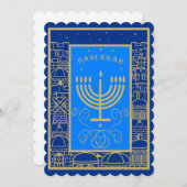 ハヌカをお祝いする ゴールド メノーラー ユダヤの祝日 シーズンカード (正面/裏面)