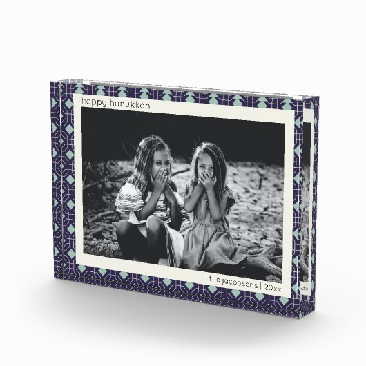 ハヌカパーソナライズされたデコールブルーレトロ幾何学模様 フォトブロック (右)