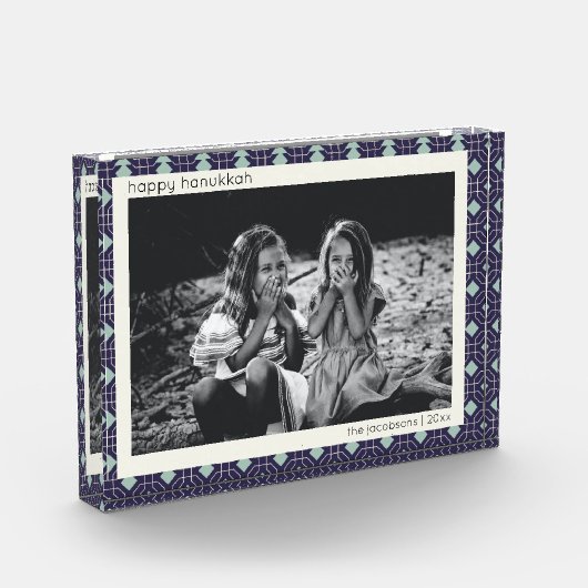 ハヌカパーソナライズされたデコールブルーレトロ幾何学模様 フォトブロック (左)