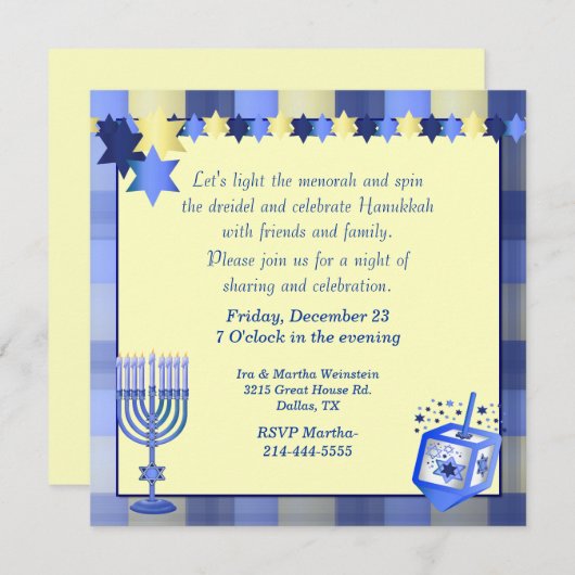 ハヌカーのかわいらしいパーティの招待状 招待状 (正面/裏面)