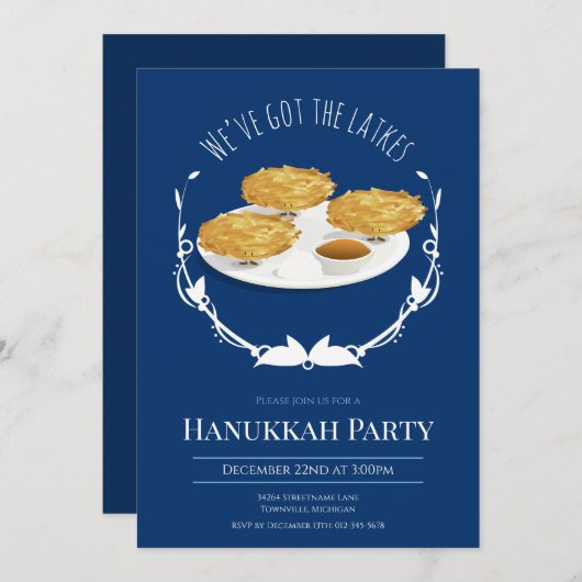 ハヌカーのパーティーの微笑のLatkesの青く白い休日 招待状 (正面/裏面)