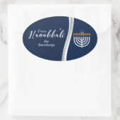 ハヌカーの名前のモダンな青そして白 楕円形シール (バッグ)