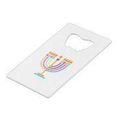 ハヌカーの（ユダヤ教）メノラーは休日の記号をつけます クレジットカード栓抜き (正面アングル)