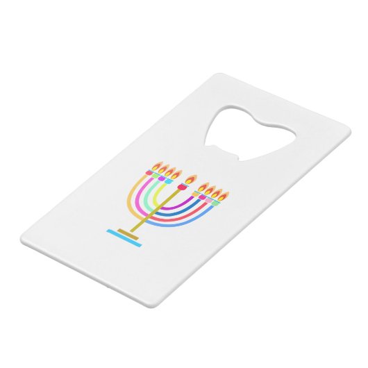 ハヌカーの（ユダヤ教）メノラーは休日の記号をつけます クレジットカード栓抜き (正面アングル)