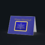 ハヌカーの（ユダヤ教）メノラーカード シーズンカード<br><div class="desc">青い背景の金ゴールドフレームの（ユダヤ教）メノラーそしてダビデの星。</div>