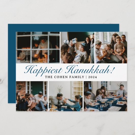 ハヌカータイポグラフィブルーファミリーフォトコラージュ シーズンカード (正面/裏面)