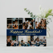 ハヌカータイポグラフィブルーファミリーフォトコラージュ 箔シーズンカード (立ち正面)