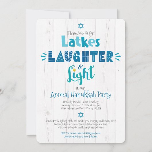 ハヌカーパーティーラテク笑い素朴灯モダン 招待状 (正面)