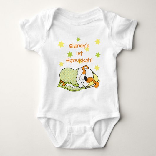 ハヌカーベビー体スーツ/ドッグ/グリーンオレンジ ベビーボディスーツ (正面)