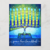ハヌカーモダンスクリプトブルーグリーン(ユダヤ教)メノラースタイリッシュ シーズンポストカード (正面)