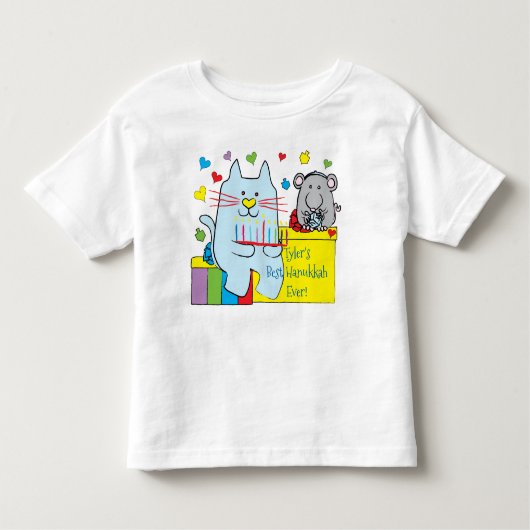 ハヌカー幼児ジャージーTシャツブルー猫とマウス トドラーTシャツ (正面)