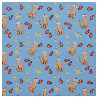 ハヌカー猫のDreidelの青い覆いの生地 ファブリック
