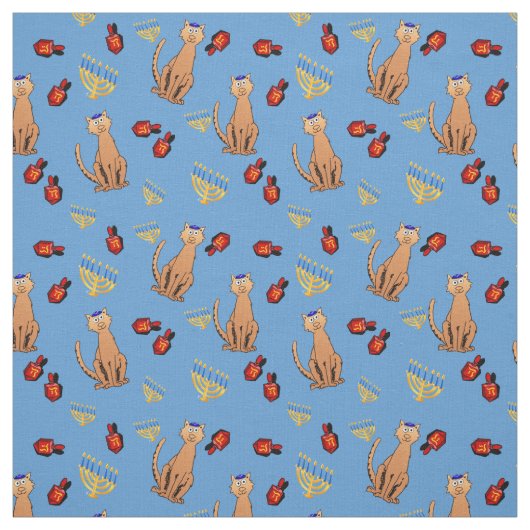 ハヌカー猫のDreidelの青い覆いの生地 ファブリック (見本)