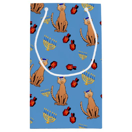 ハヌカー猫のDreidelの青のギフトバッグ スモールペーパーバッグ (裏面)