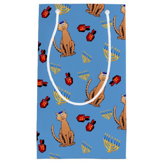 ハヌカー猫のDreidelの青のギフトバッグ スモールペーパーバッグ (正面)