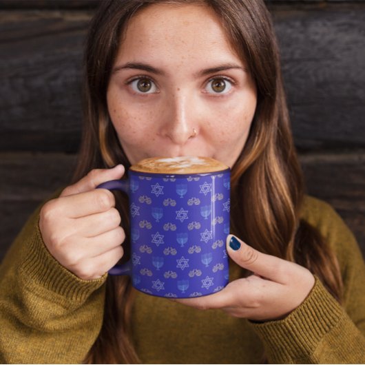 ハヌカー金ゴールドドレイデルスターオブデイヴィッド(ユダヤ教)メノラーブルー マグカップ