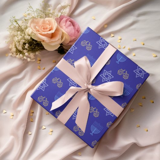 ハヌカー金ゴールドドレイデルスターオブデイヴィッド(ユダヤ教)メノラーブルー ラッピングペーパー