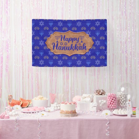 ハヌカー金ゴールドドレイデルスターオブデイヴィッド(ユダヤ教)メノラーブルー 横断幕 (パーティー)