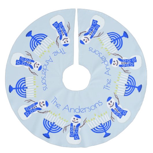 ハヌカー雪だるまアンド(ユダヤ教)メノラークリスムカファミリー ブラッシュドポリエステルツリースカート (正面)