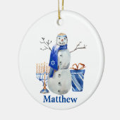 ハヌカー雪だるまブルーパーソナライズされたネーム(ユダヤ教)メノラー セラミックオーナメント (左)