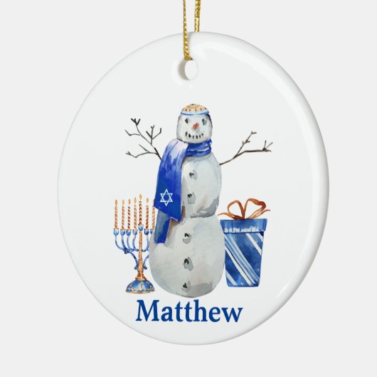 ハヌカー雪だるまブルーパーソナライズされたネーム(ユダヤ教)メノラー セラミックオーナメント (左)