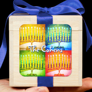 ハヌカー4（ユダヤ教）メノラーイエローブルーグリーンレッドはっきりした名 スクエアシール