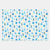 ハヌカー(ユダヤ教の祭り)プレゼントギフト付き/ボーズブルーホワイト金ゴールド ラッピングペーパーシート (正面3)