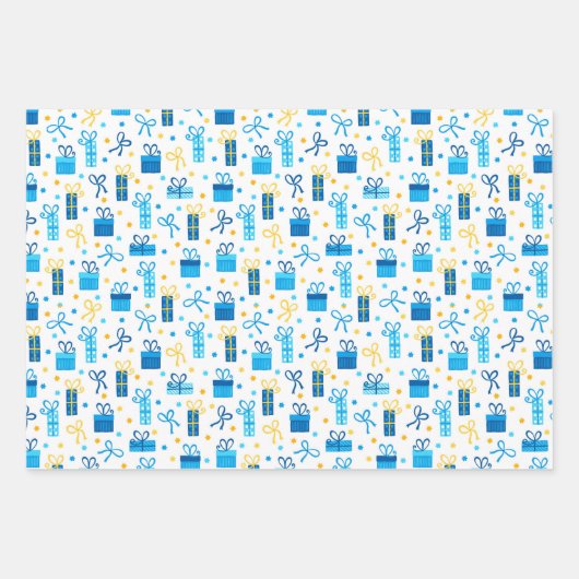 ハヌカー（ユダヤ教の祭り）プレゼントギフト付き/ボーズブルーホワイト金ゴールド ラッピングペーパーシート (正面3)