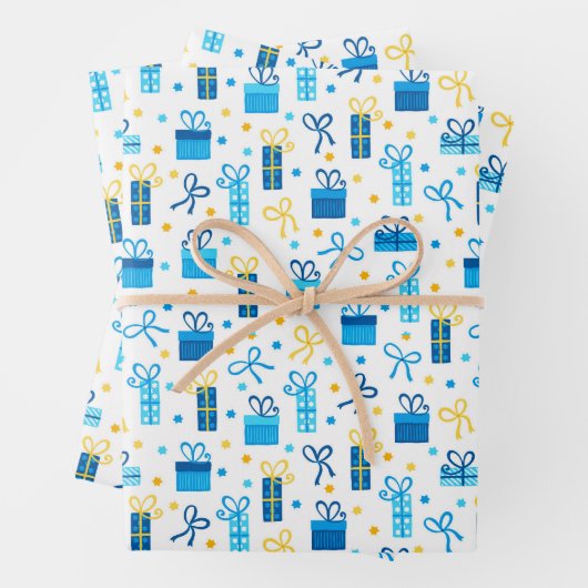 ハヌカー（ユダヤ教の祭り）プレゼントギフト付き/ボーズブルーホワイト金ゴールド ラッピングペーパーシート (インサイチュ)