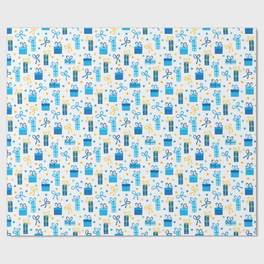 ハヌカー(ユダヤ教の祭り)プレゼントギフト付き/ボーズブルーホワイト金ゴールド ラッピングペーパー (フラット)