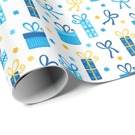ハヌカー(ユダヤ教の祭り)プレゼントギフト付き/ボーズブルーホワイト金ゴールド ラッピングペーパー (ロールコーナー)
