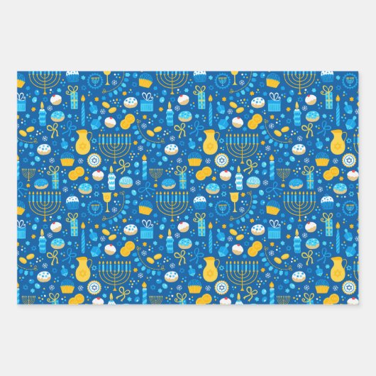 ハヌカー(ユダヤ教の祭り)ミックスセットのユダヤ星のドレイデルキャンドル ラッピングペーパーシート (正面)