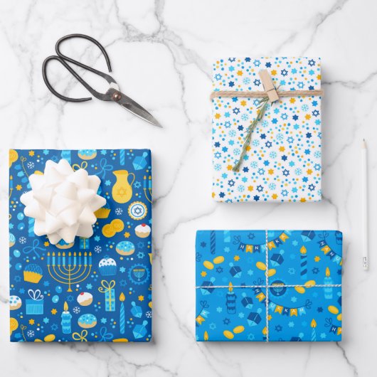 ハヌカー(ユダヤ教の祭り)ミックスセットのユダヤ星のドレイデルキャンドル ラッピングペーパーシート (正面)
