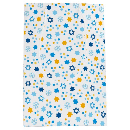 ハヌカー（ユダヤ教の祭り）ユダヤ星雪片ホワイト ミディアムペーパーバッグ (正面)