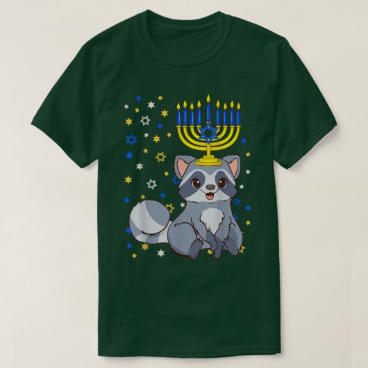 ハヌカー(ユダヤ教の祭り)ユダヤ(ユダヤ教)メノラーラクーンハおもしろいヌカー Tシャツ (デザイン正面)