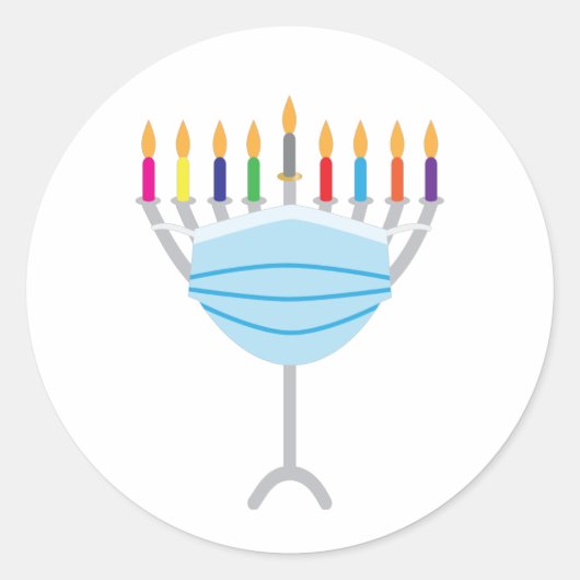 ハヌカー(ユダヤ教)メノラーと顔マスク ラウンドシール (正面)