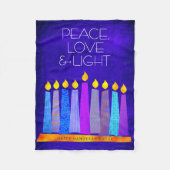 ハヌカー（ユダヤ教）メノラーキャンドル青と平和ラブライト フリースブランケット (正面)