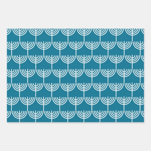 ハヌカー(ユダヤ教)メノラーパターンティール(緑がかった色)とホワイト ラッピングペーパーシート (正面)