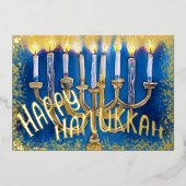 ハヌカー（ユダヤ教）メノラー水彩おもしろいうれしそうな 箔シーズンカード (正面)