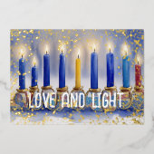 ハヌカー（ユダヤ教）メノラー水彩愛と光 箔シーズンカード (正面)