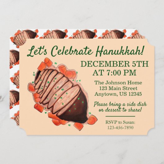 ハヌカ祝ーブリスケットユダヤ教の休日パーティー 招待状 (正面/裏面)
