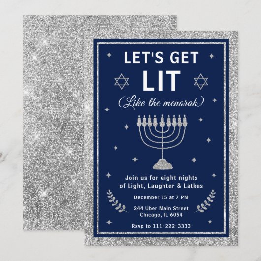 ハヌカ・パーティーでLet's Get Lit 招待状 (正面/裏面)
